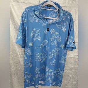 Bad Birdie Blue Parrot Print Polo Shirt golf tennis size L EUC